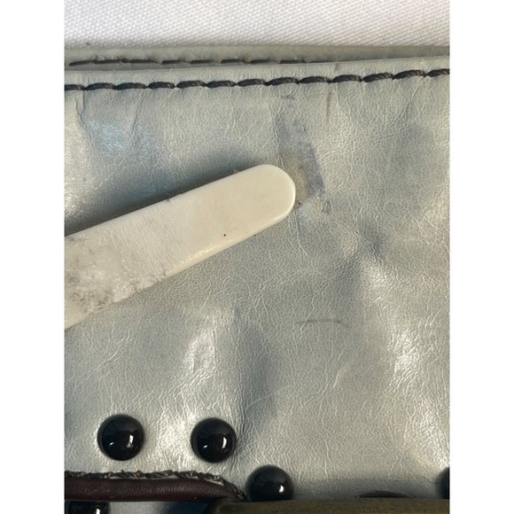 Kate Landry Leather Handbag Zipper Clutch Baby Blue Brown Stitch - Picture 4 of 8